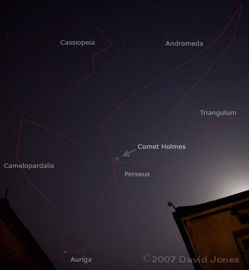 Comet Holmes at 7pm - a wide angle view to show constellations
