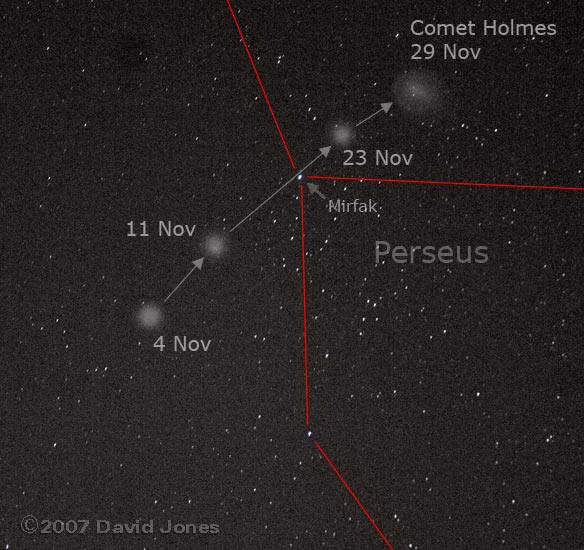 Comet Holmes at 7.40pm, 29 November, with progress indicated