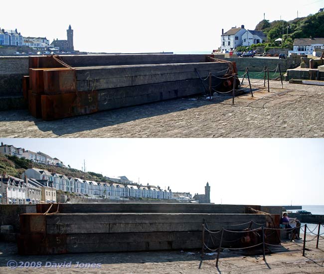 Timbers used to block the entrance to the inner harbour at Porthleven