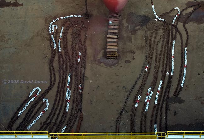 The anchor chain of a container ship in dry dock - closer view