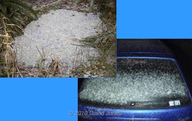 Snow on car and pond tonight, 16 December