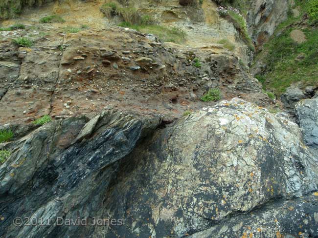 Raised beach deposit on left side of cove north of Porthallow, 15 May